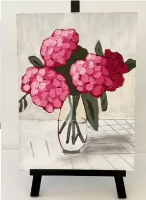 brushstrokes of bright pink hydrangea petals and dark green leaves.