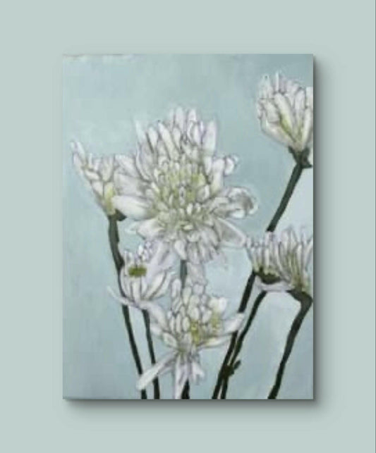 Full view of the elegant cluster of white flowers against a soft blue-green background in the white flower painting.