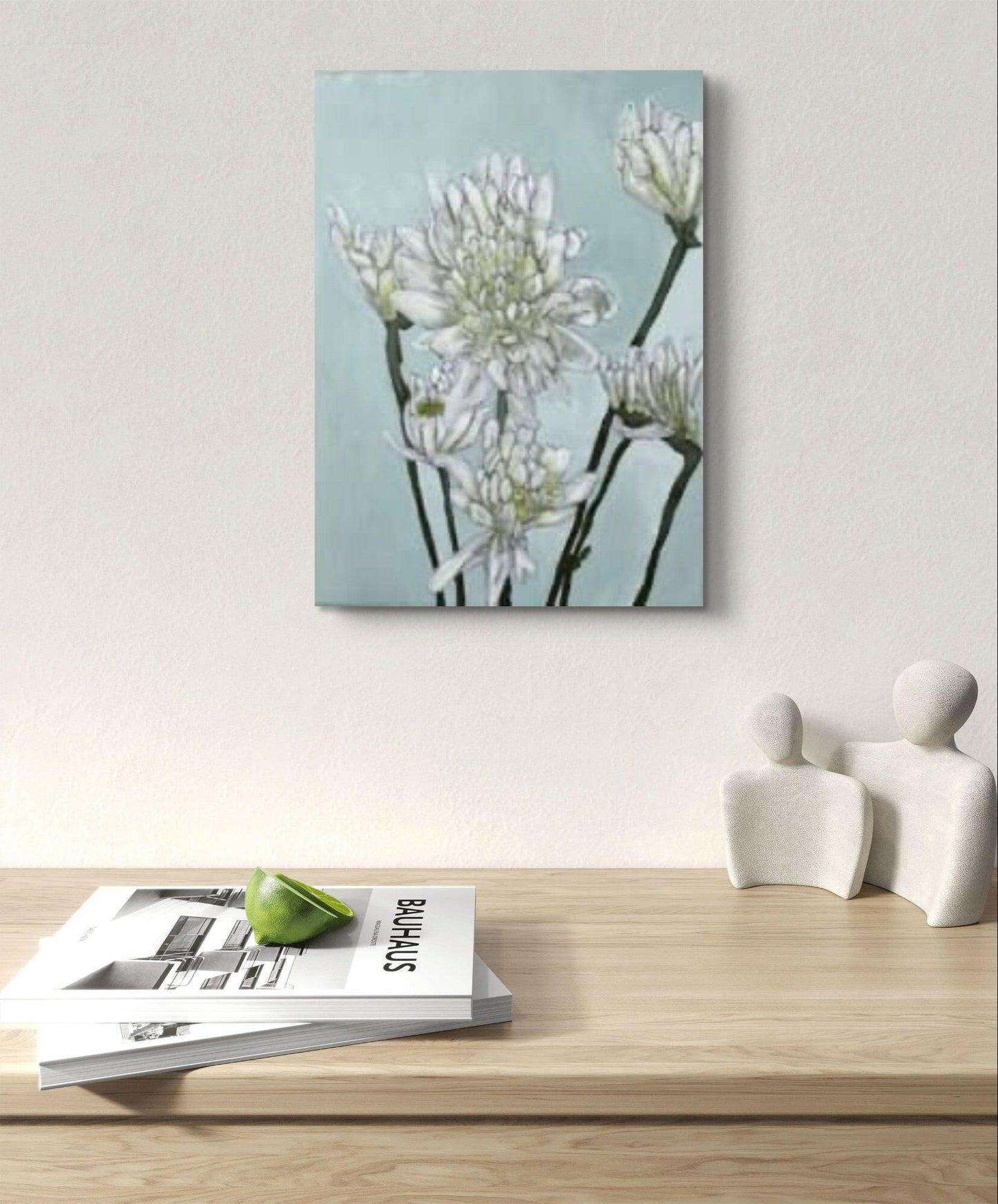 Artistic shot focusing on the delicate textures and translucent petals of the white blooms in the floral painting.