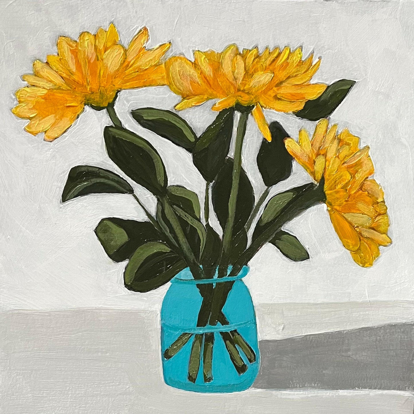 Yellow chrysanthemums in blue vase painting
