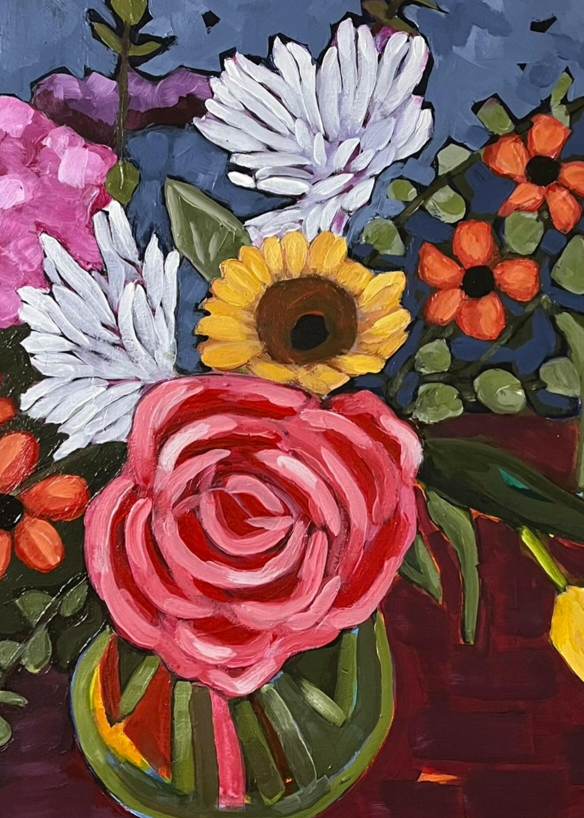 Close-up of a vibrant pink rose with thick petals in a flower arrangement painting.