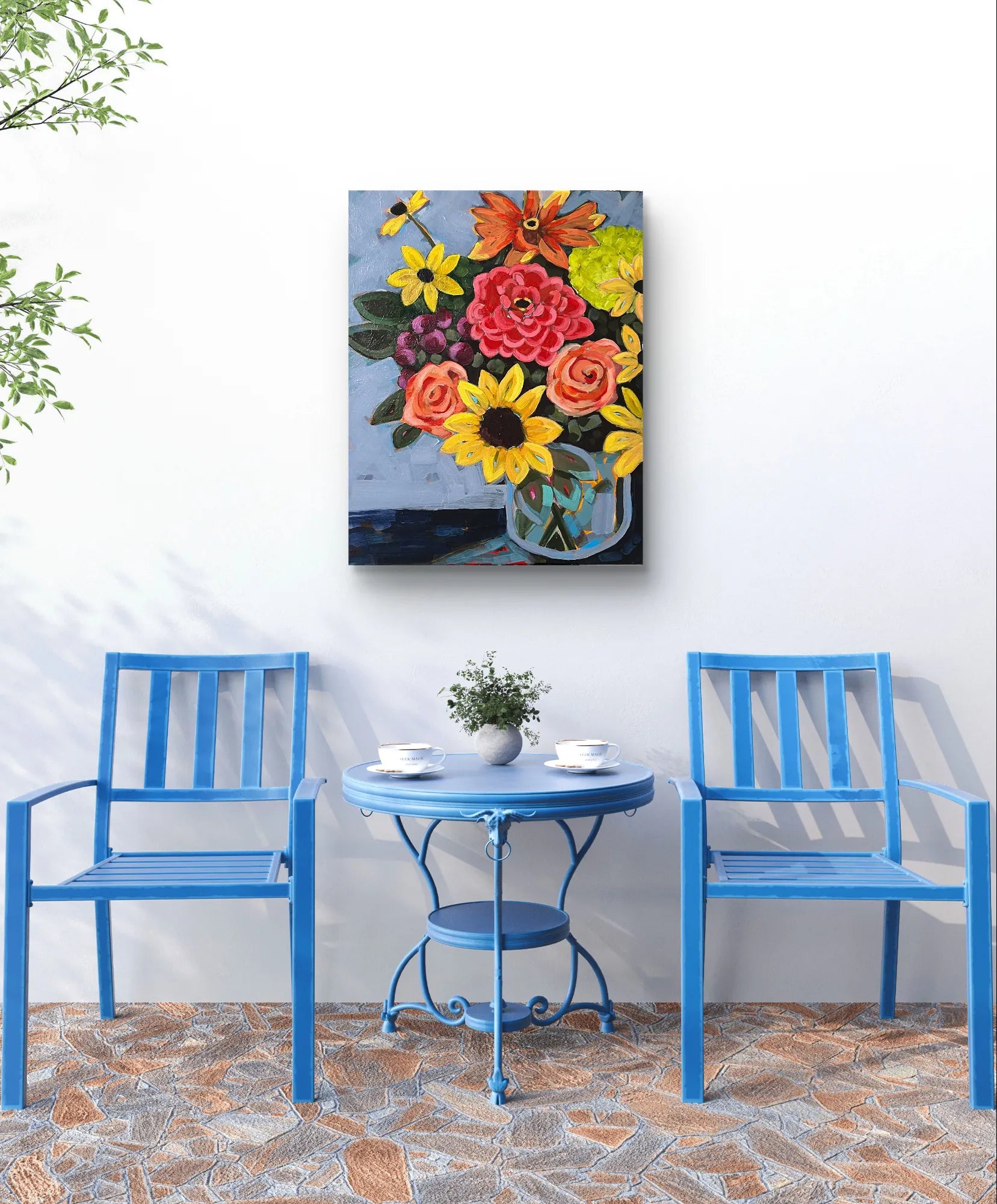 Full view of "Flower Arrangement Painting 2," a diverse floral composition in a vase on a 16x20 canvas.