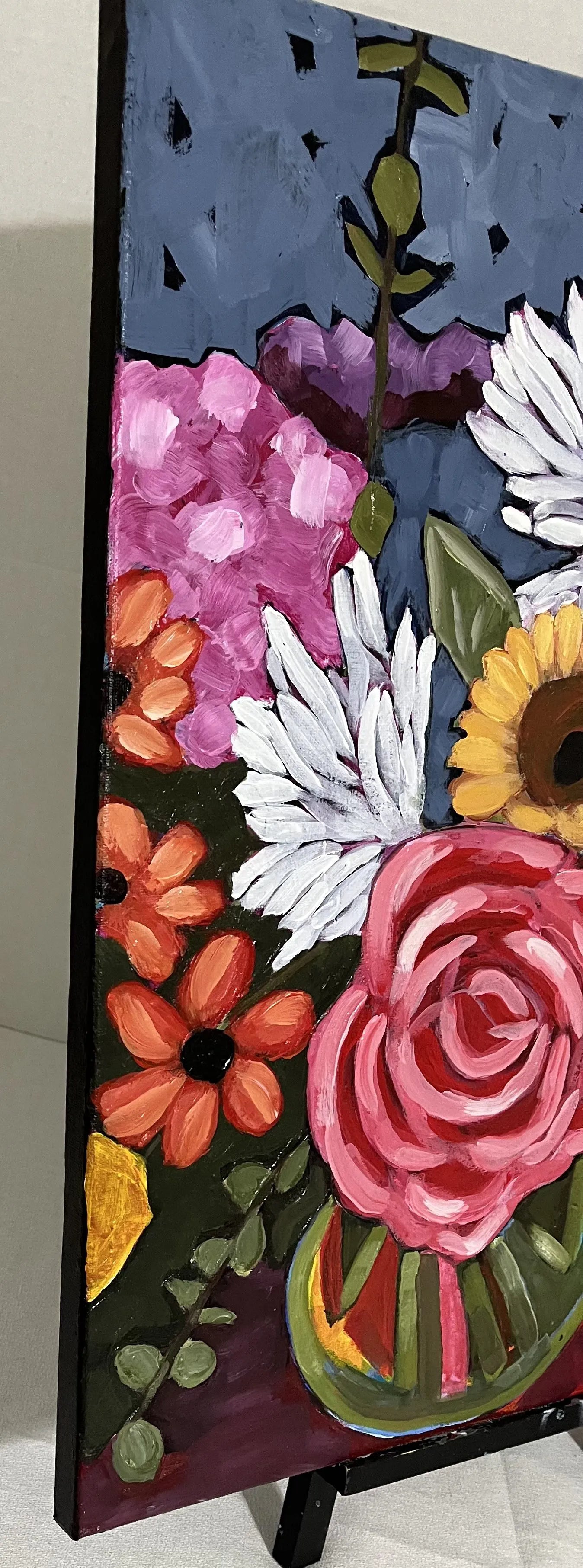 Side View of a diverse flower arrangement painting on a 16x20 canvas, showcasing various blossoms in a vase