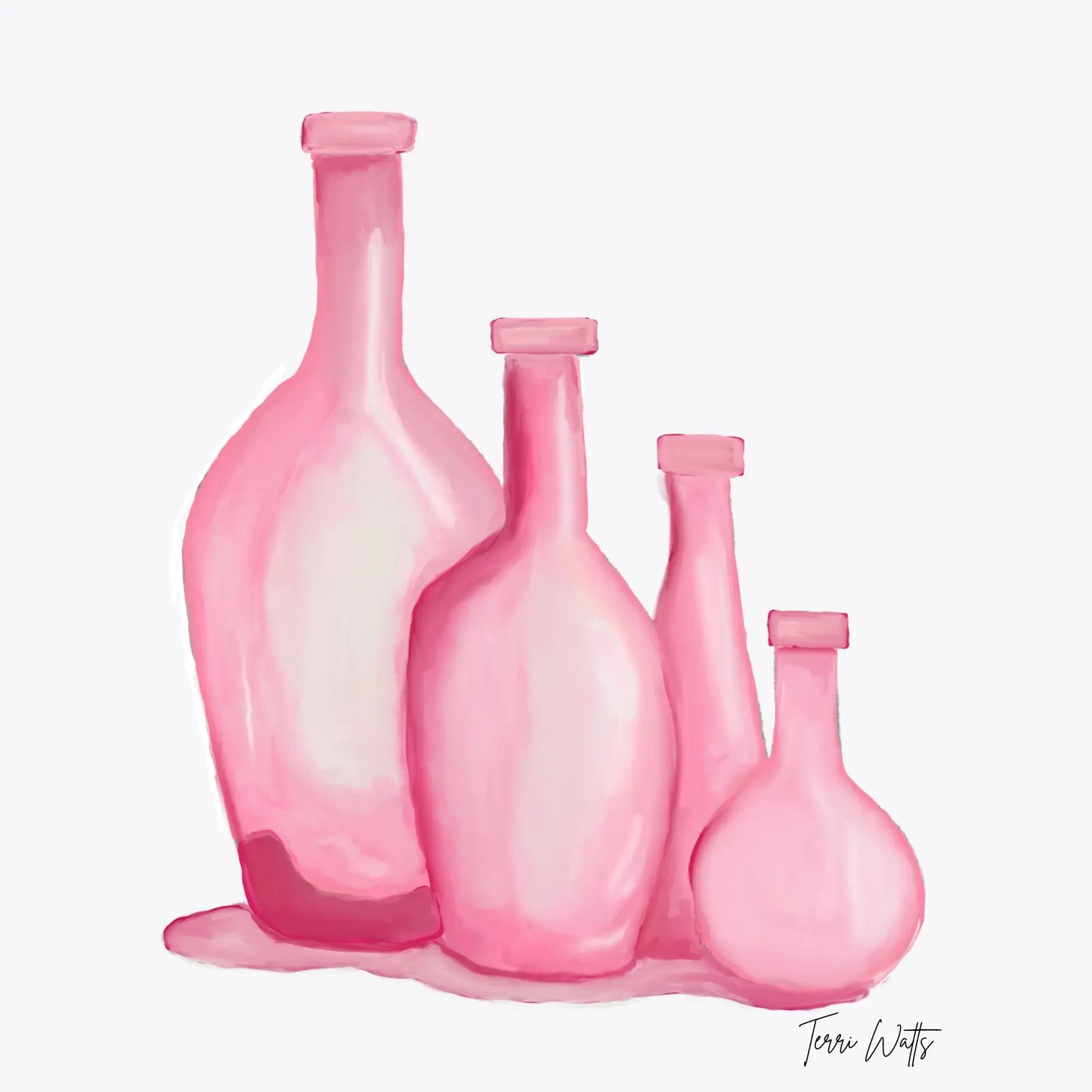 Digital art print (8x8 unframed) featuring a group of four stylized pink glass bottles of varying heights, with a soft watercolor effect. 