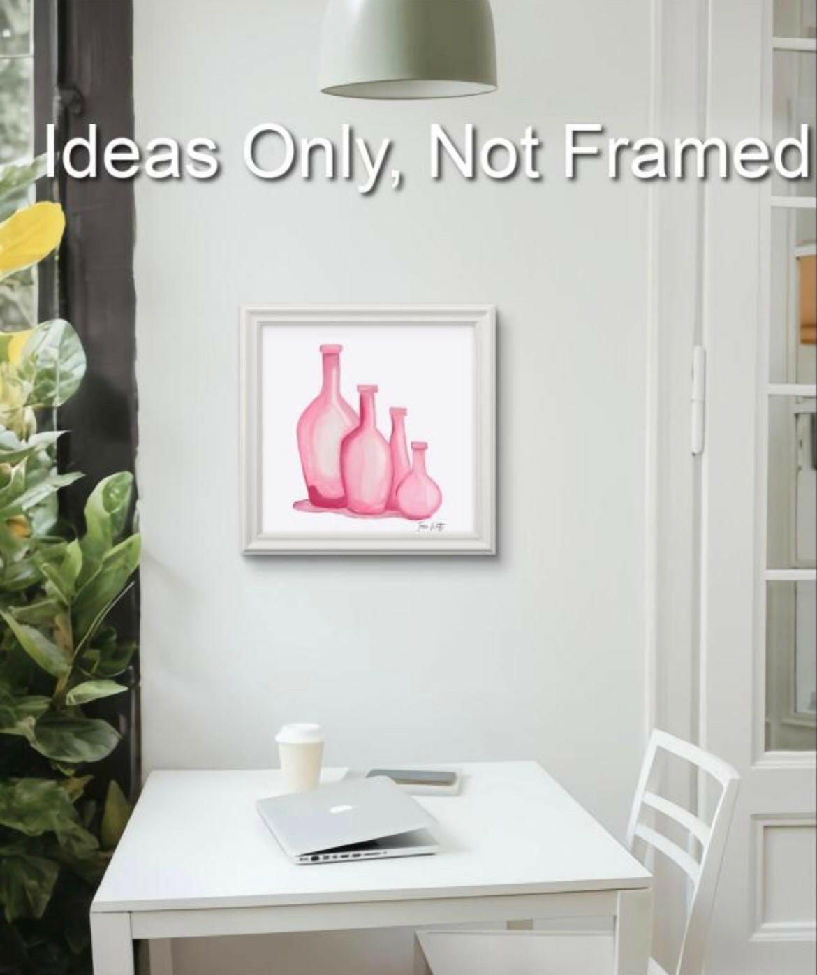 An 8x8 unframed digital print depicting an artistic illustration of several elegant pink bottles, rendered with delicate shading. 