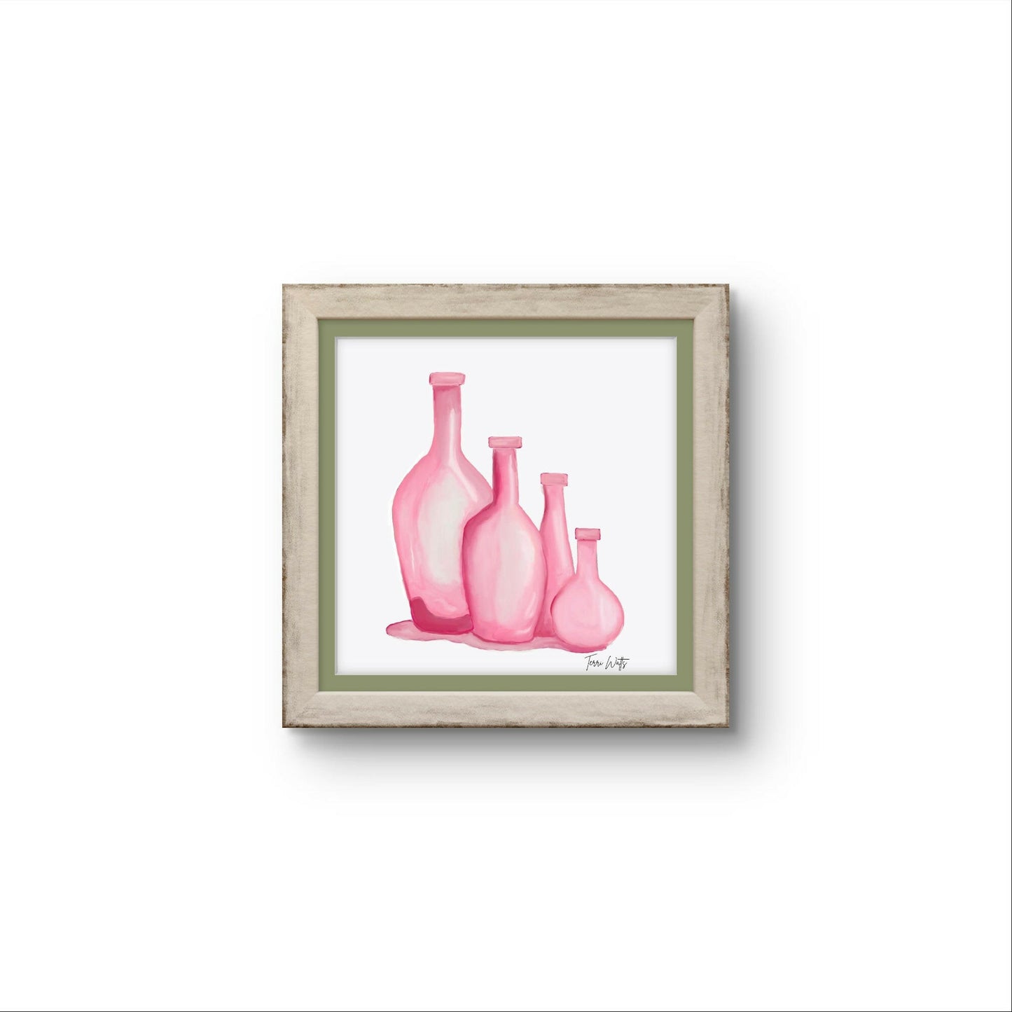 Minimalist 8x8 print showcasing a collection of four distinct pink bottle shapes, painted digitally with a translucent, soft aesthetic.