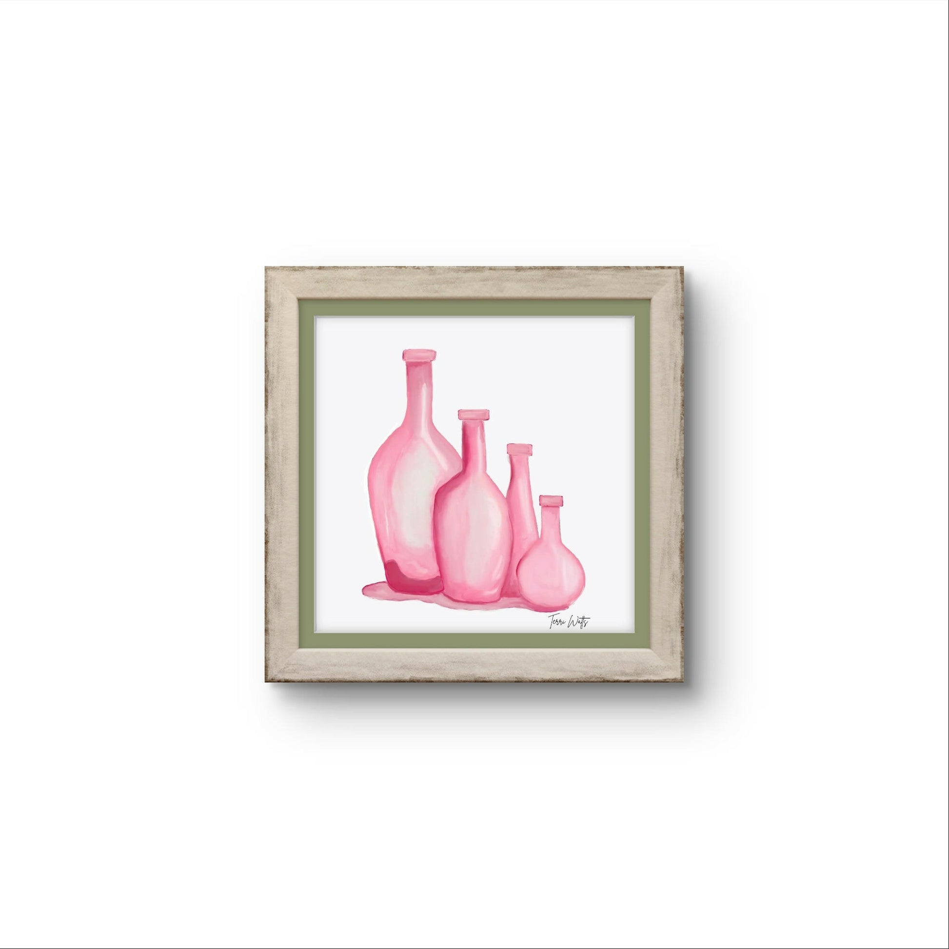Minimalist 8x8 print showcasing a collection of four distinct pink bottle shapes, painted digitally with a translucent, soft aesthetic.