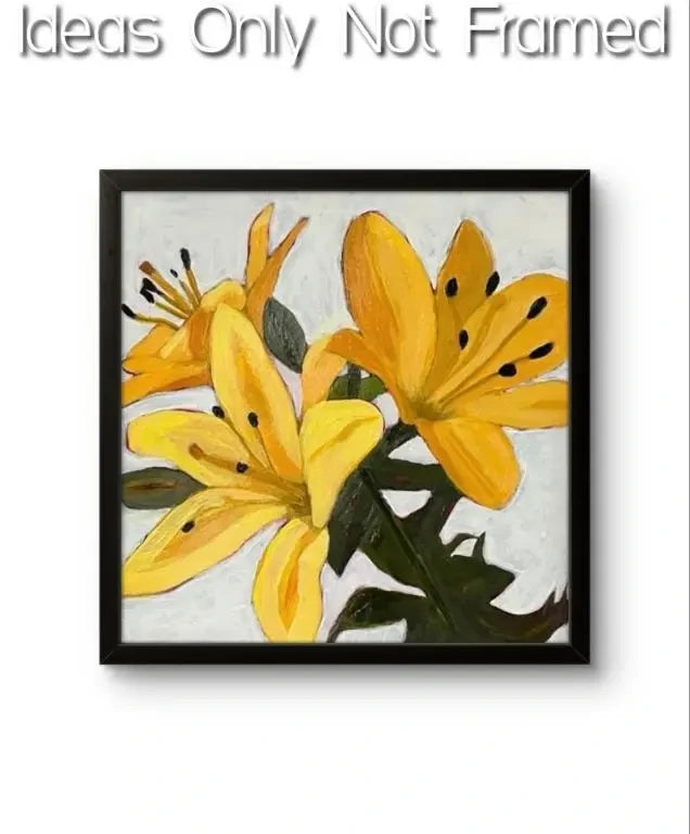 Floral artwork, 8x8, showing a close-up of several expressive yellow lilies with contrasting dark accents and broad green leaves.