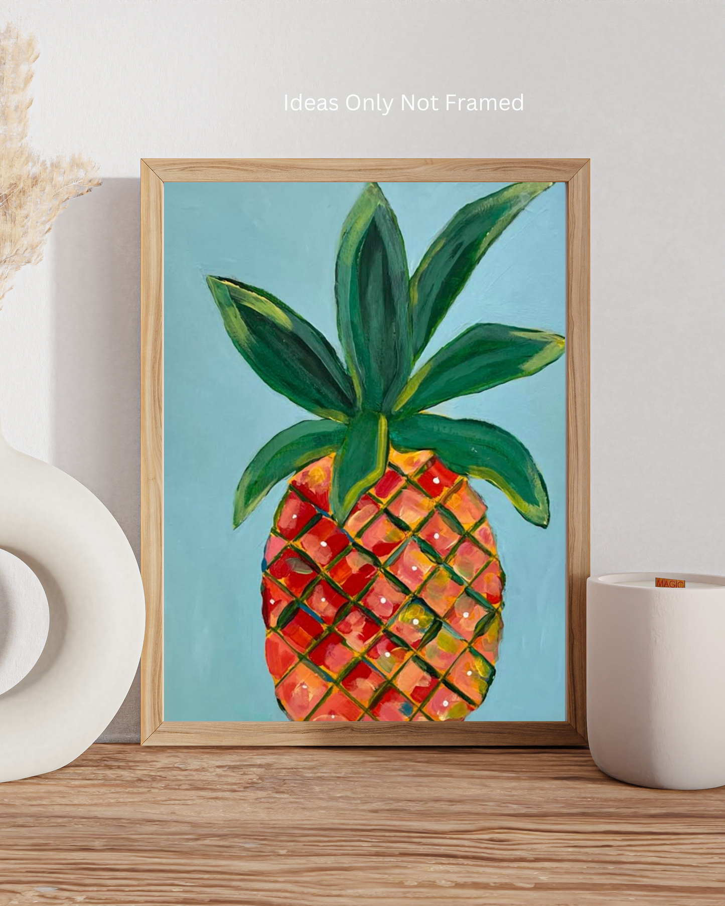 Full view of the expressive pineapple illustration against a light blue background in a "Pineapple Print."