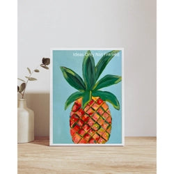 Detail showing the broad green leaves crowning the pineapple in a vibrant fruit art print.
