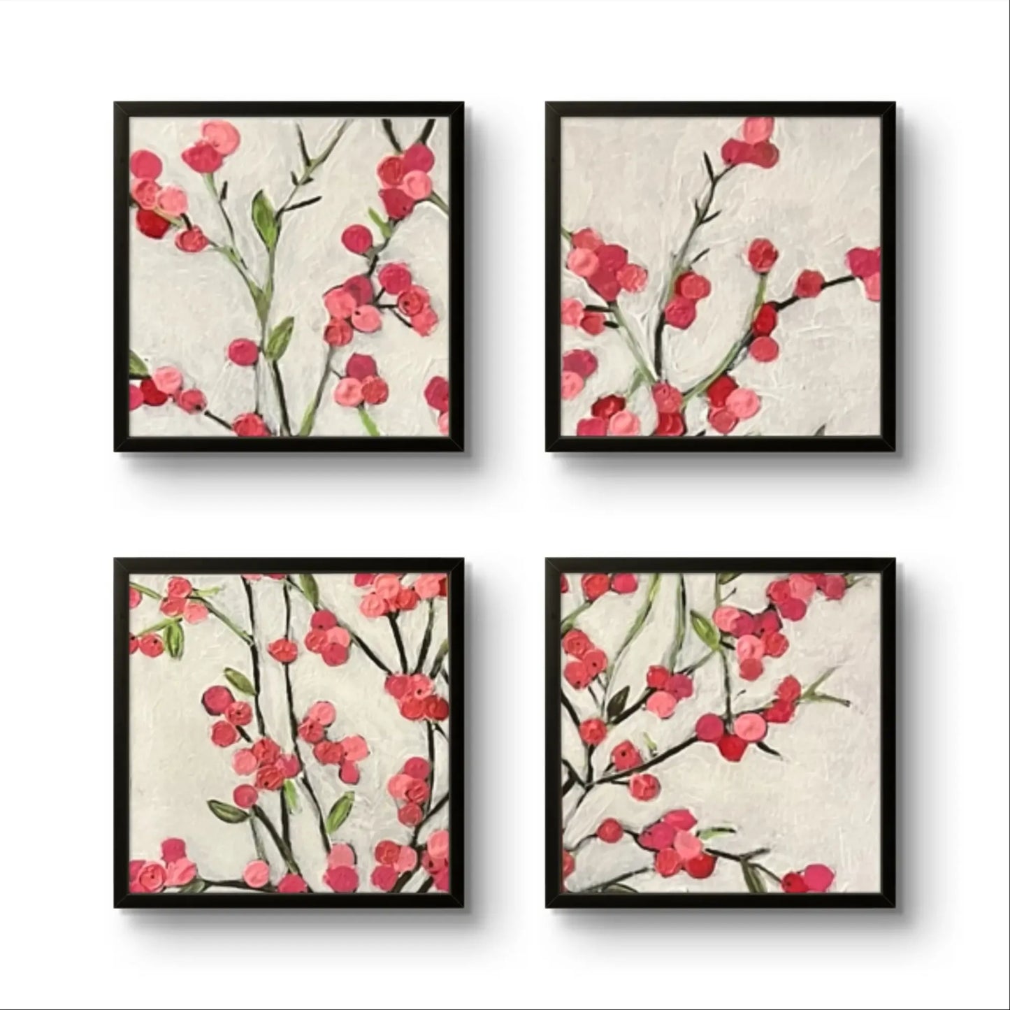 4-piece framed wall art featuring delicate pink berries on white backgrounds, ideal for modern home decor