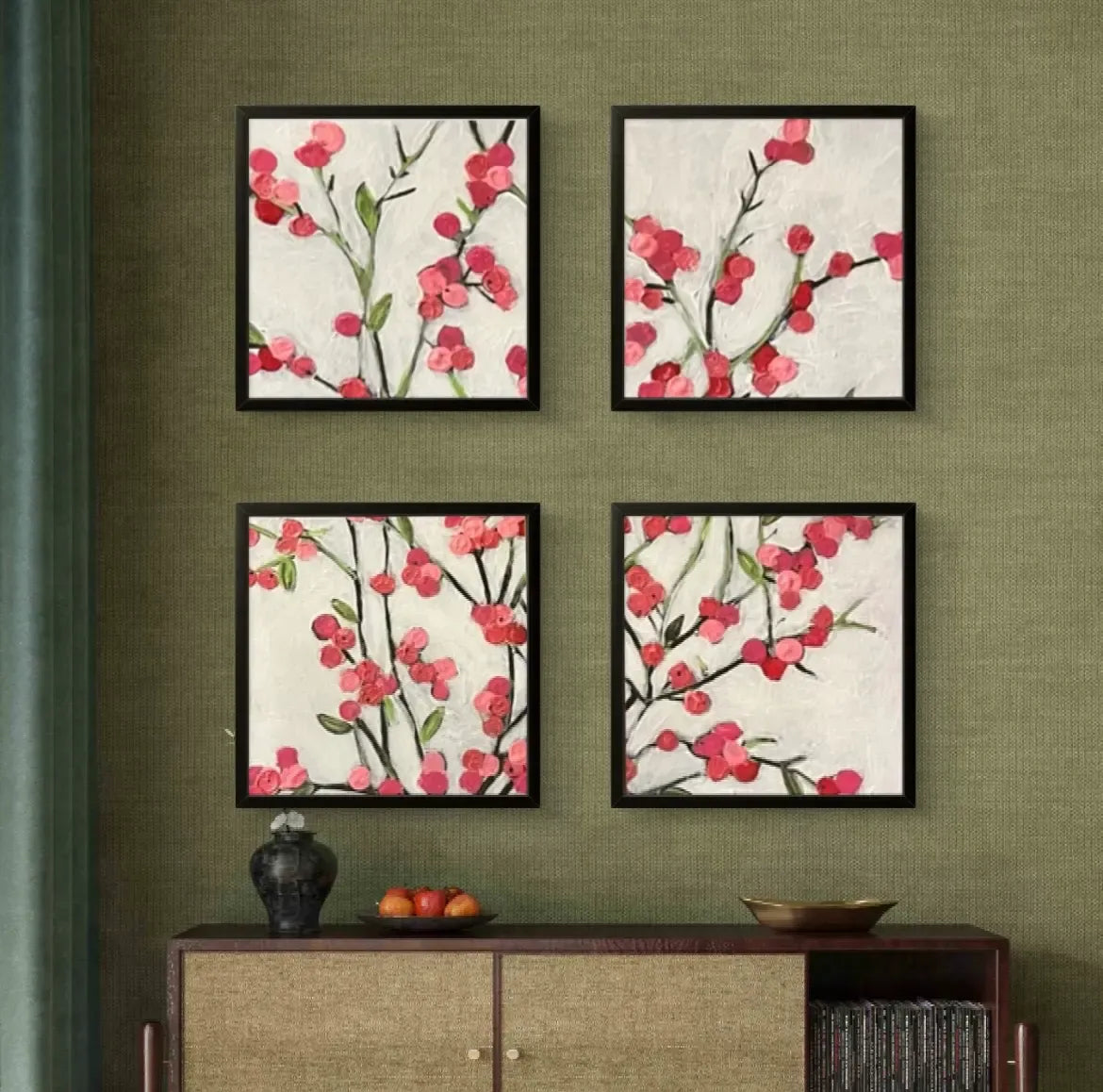 
delicate berries framed art, showing four individual 8x8 paintings of pink floral branches