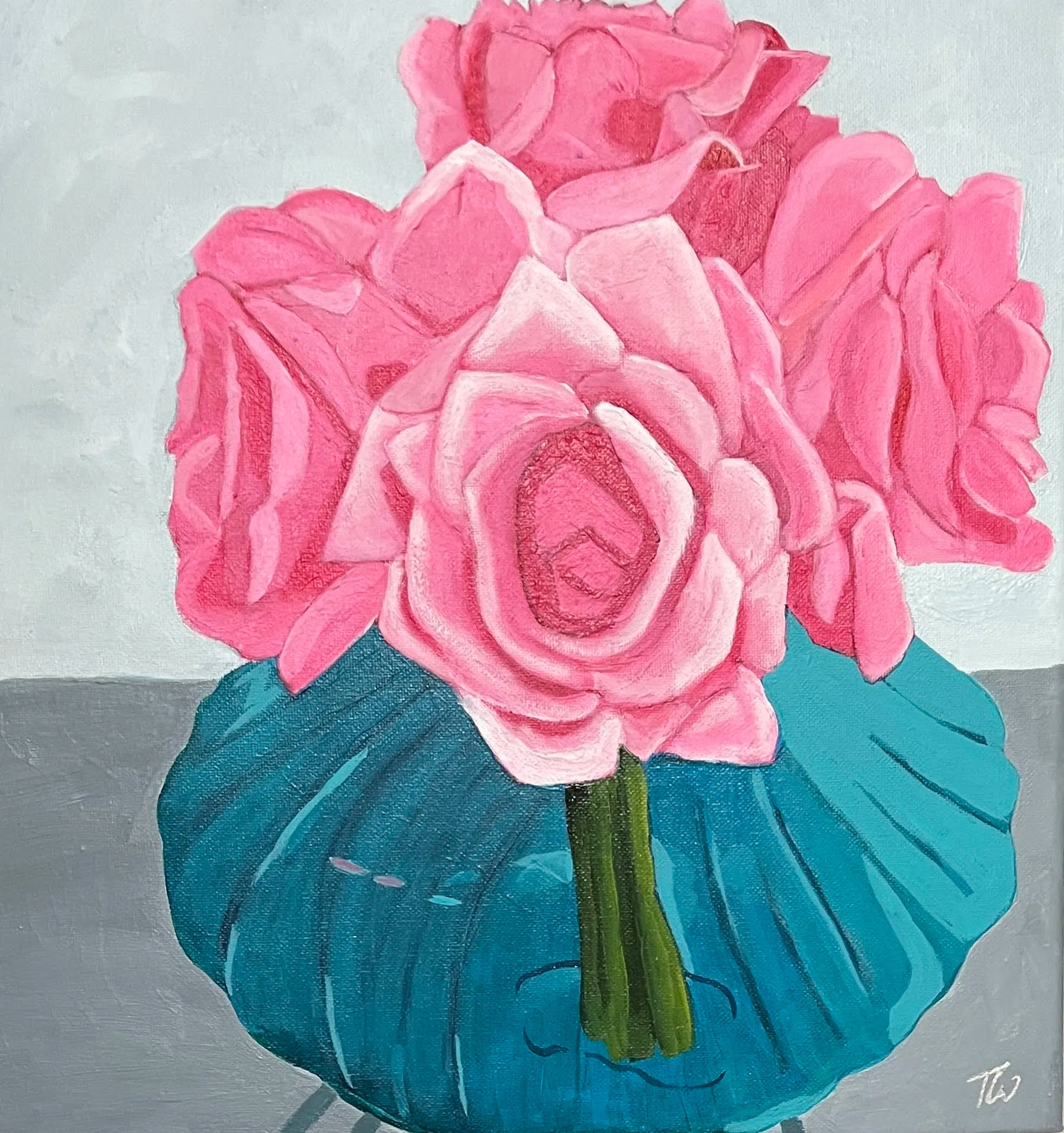 A vibrant painting of a bouquet of pink roses in a textured, teal blue vase, set against a light gray background with a dark gray surface.