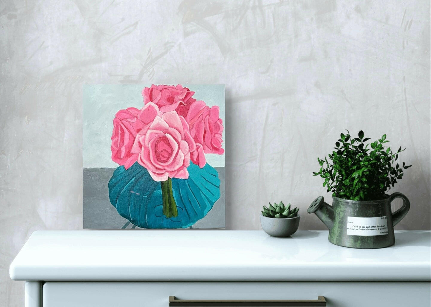 An expressive painting depicting five pink roses in various stages of bloom, arranged in a sculptural teal vase, with visible brushstrokes.