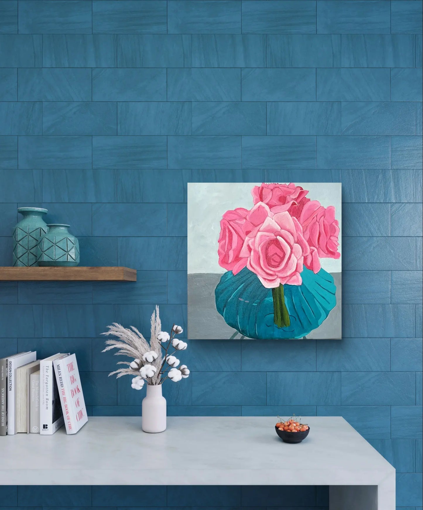 Still life artwork featuring a cluster of soft pink roses with green stems, contrasted by a bold teal vase, on a simple gray and white backdrop.