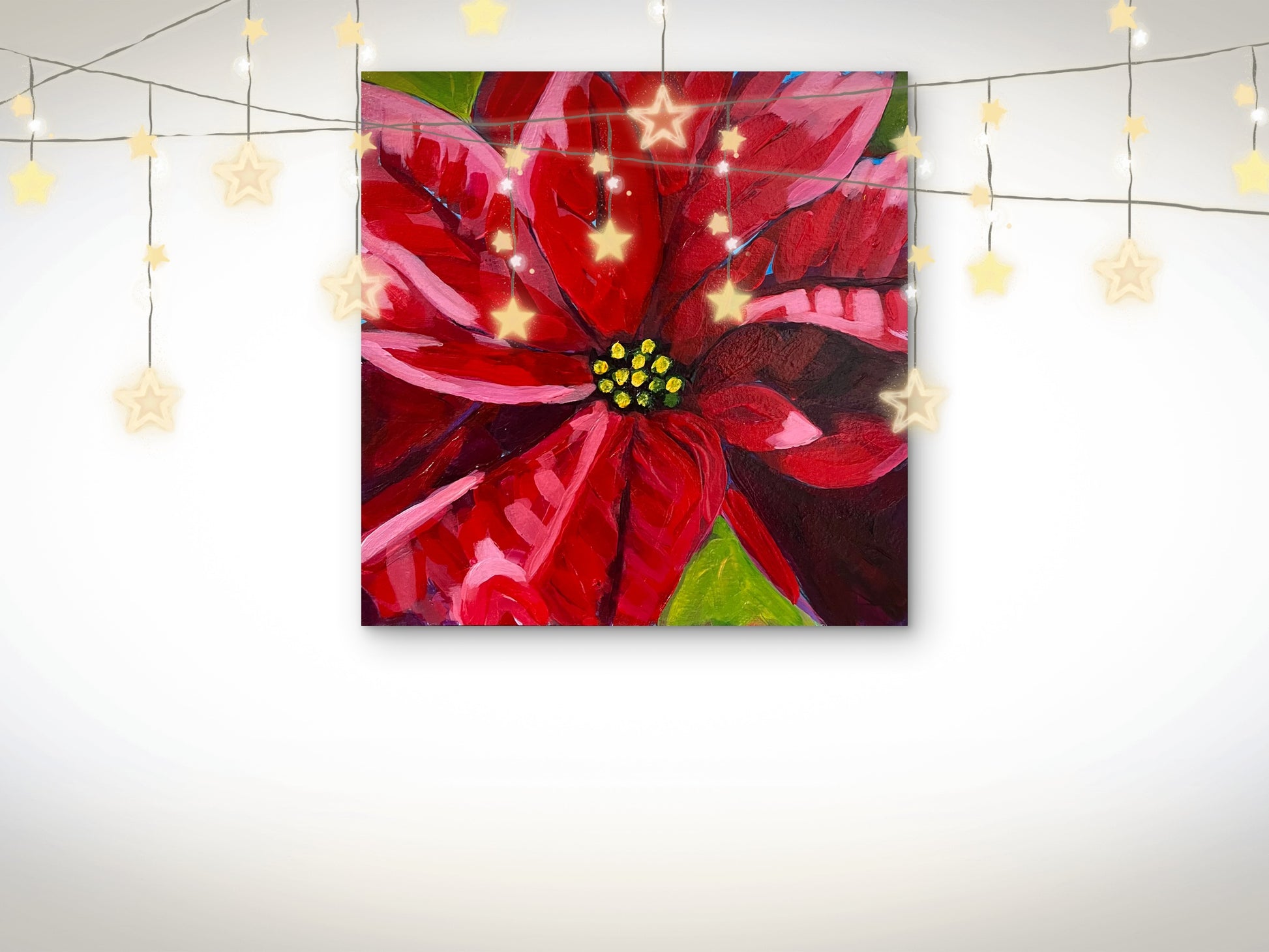 "8x8 square holiday painting of a red poinsettia – vibrant seasonal home decor artwork."
