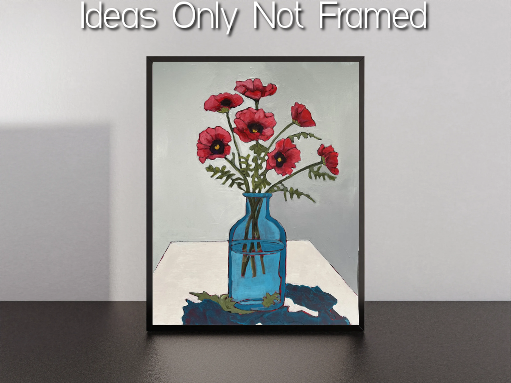 Still life artwork featuring bright red poppies with green stems in a turquoise bottle. 