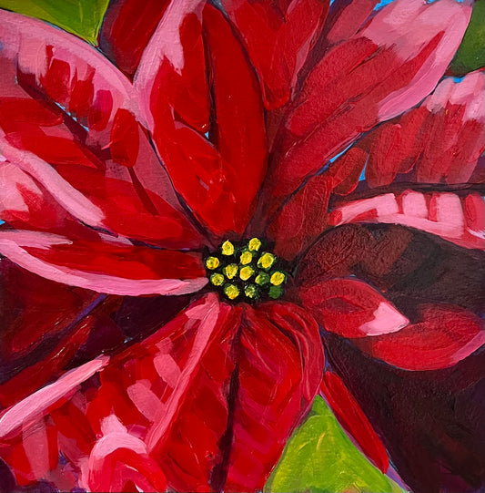 "Classic Cheer" – Red Poinsettia Holiday Painting on 8x8 Art Paper (Unframed)