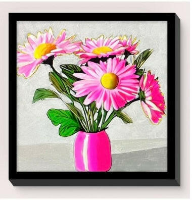 Pink flower painting with bold strokes in a black frame, part of a 3-piece set. 