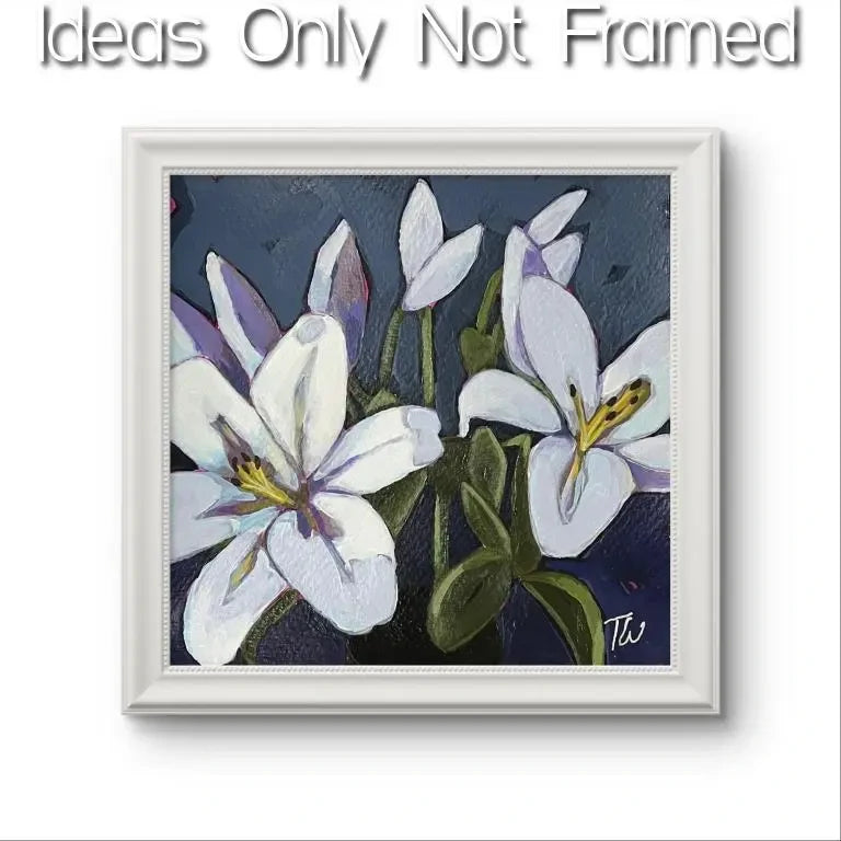 A vibrant, close-up painting featuring several white lily-like flowers with hints of purple and yellow stamens, set against a dark blue textured background