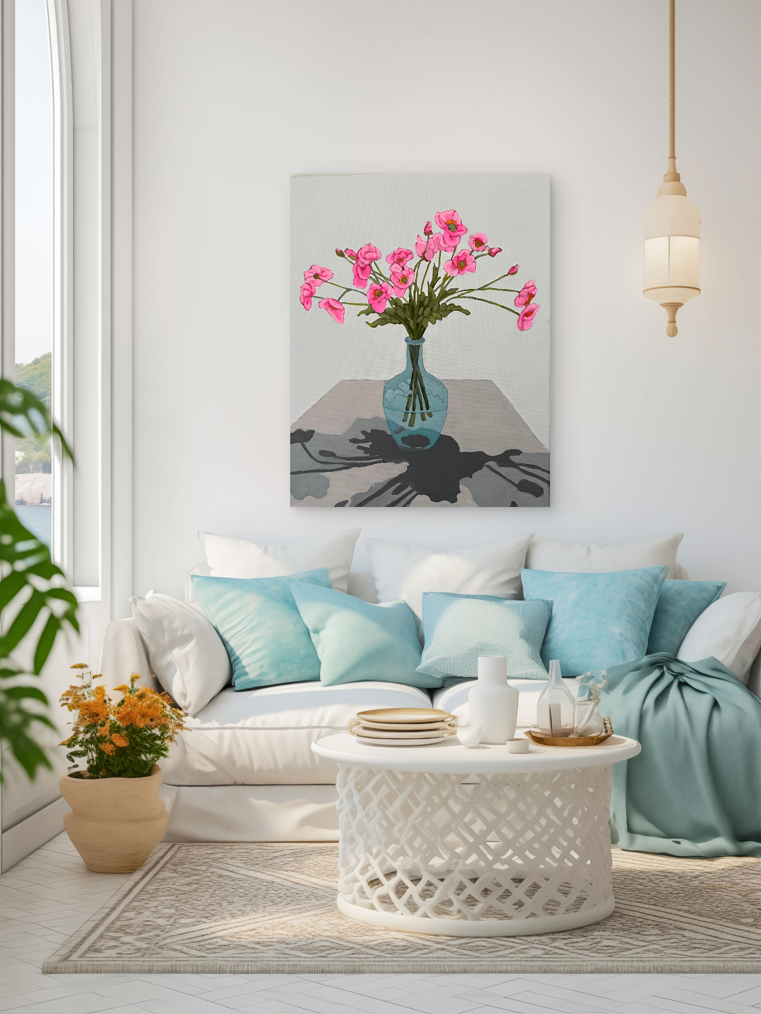 painting showcasing detailed bright pink poppy flowers with green stems in a translucent glass vase.