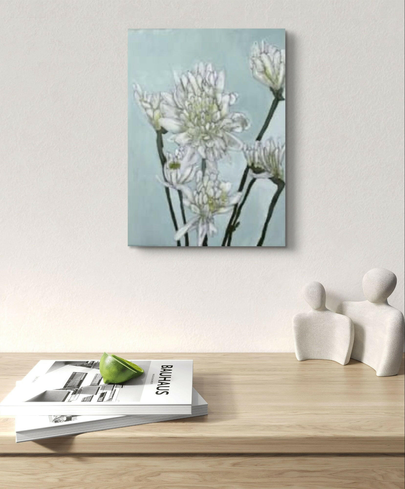 Artistic shot focusing on the delicate textures and translucent petals of the white blooms in the floral painting.