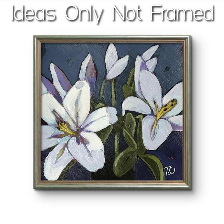 A modern floral painting showcasing bold white flowers, possibly lilies or irises, with a stylized, almost sculptural appearance on a dark, cool-toned canvas