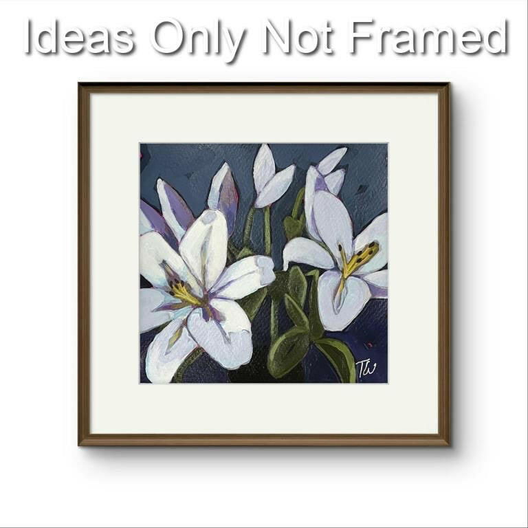 Expressive painting of white and pale purple flowers with yellow centers and green leaves, rendered with bold strokes on a deep blue background.